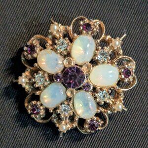 Vintage Gold Tone Floral Brooch Pin Faux Opal Amethyst Purple Rhinestone Cabocho